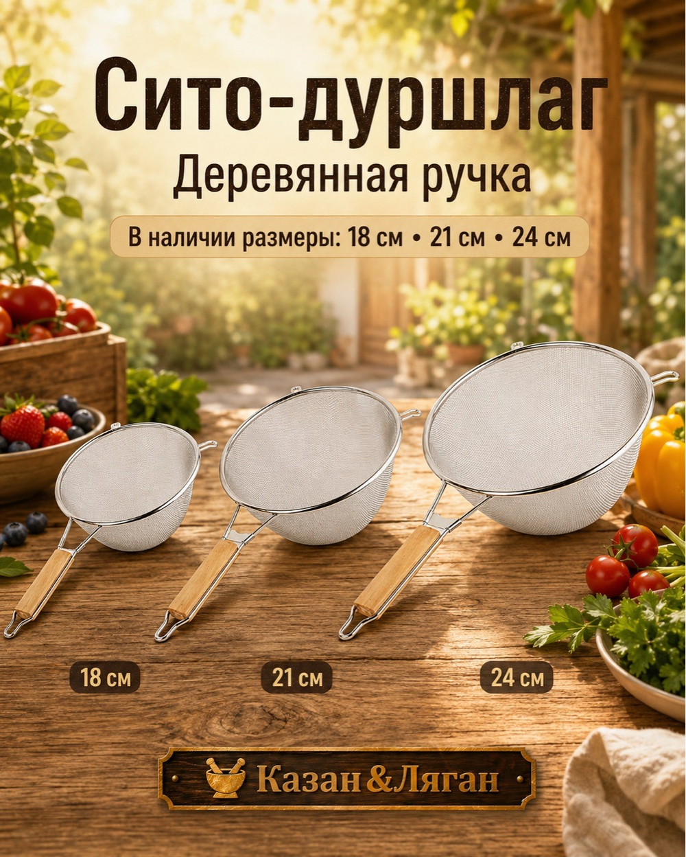 Сито 24 см с деревянной ручкой