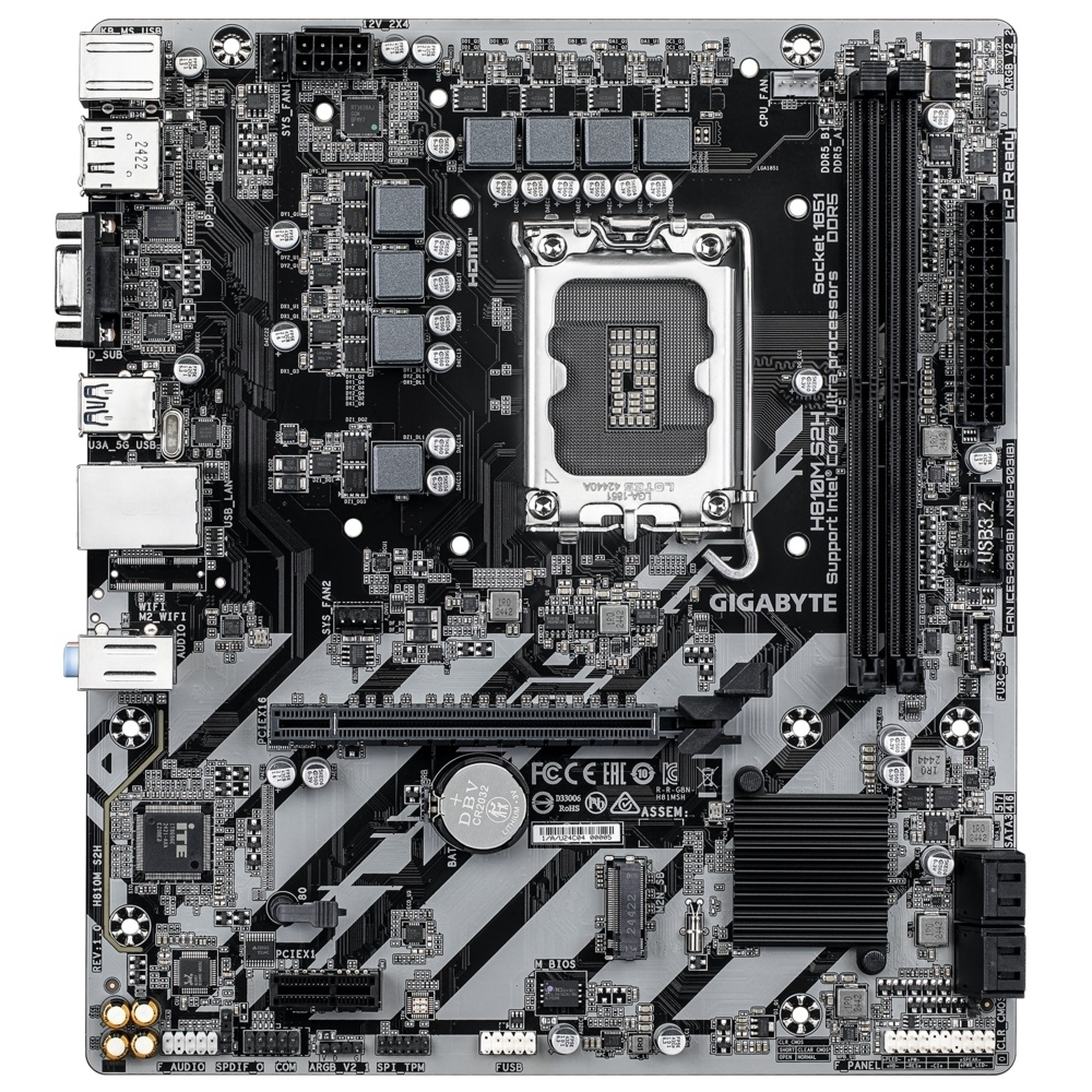 Материнская плата Gigabyte H810M S2H (Socket 1851, IntelH810, 2xDDR5-6400, mATX D-SUB+HDMI+DP, 1xPCI-Ex16, 1xPCI-Ex1, 4xSATA3(RAID 0 / 1 / 5 / 10), 1xM.2, 8Ch Audio, GLan, (5+2)xUSB2.0, (1+2)xUSB3.2, (0+1)xUSB Type-C)