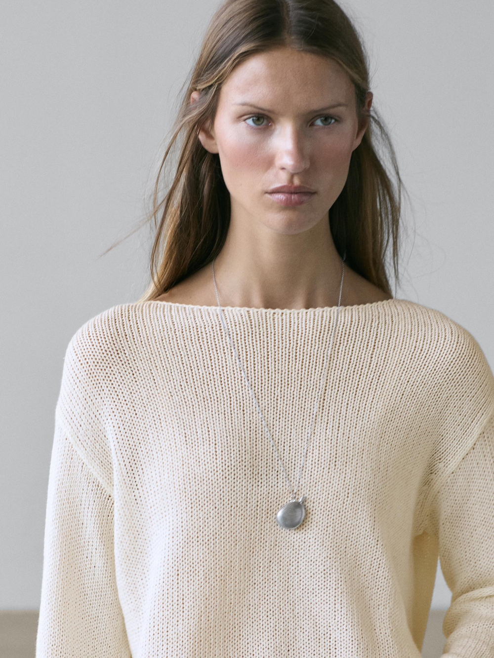 Massimo Dutti Свитер из смесового хлопка с ажурным узором, натуральный/кремовый