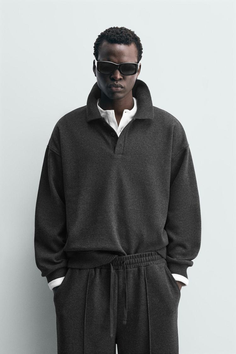 ZARA ТОЛСТОВКА ПОЛО С ТЕКСТУРОЙ, ТЕМНО-СЕРЫЙ