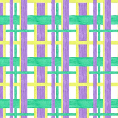 Паттерн в элегантную сложную клетку. Клетка из сиреневых, мятных и желтых акварельных линий на белом фоне.