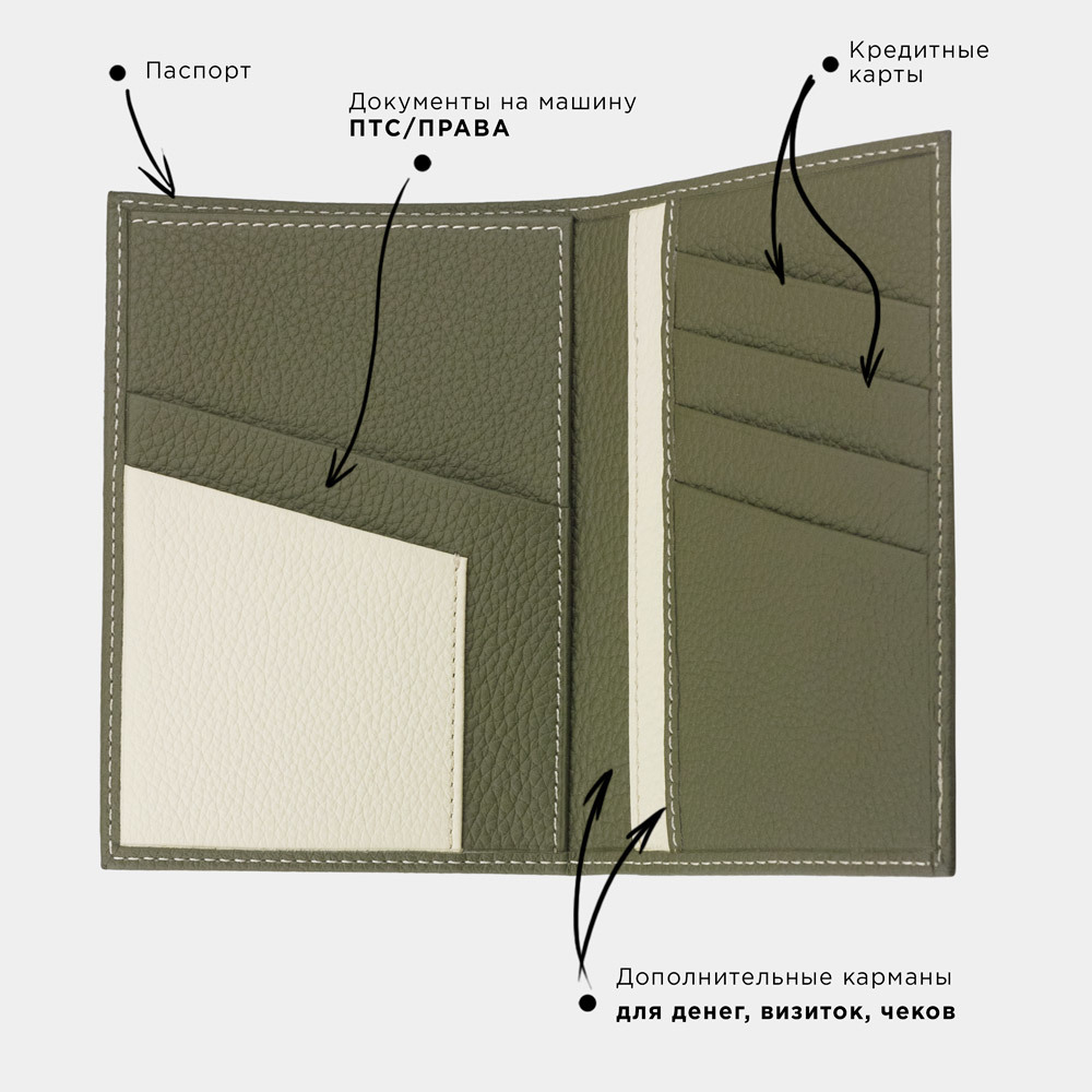 Обложка на паспорт и для автодокументов Paris из кожи теленка, зеленого цвета