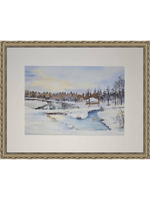Картина авторская акварельная в паспарту 30х40 см на стену для интерьера "Зимний рассвет в Веребково"