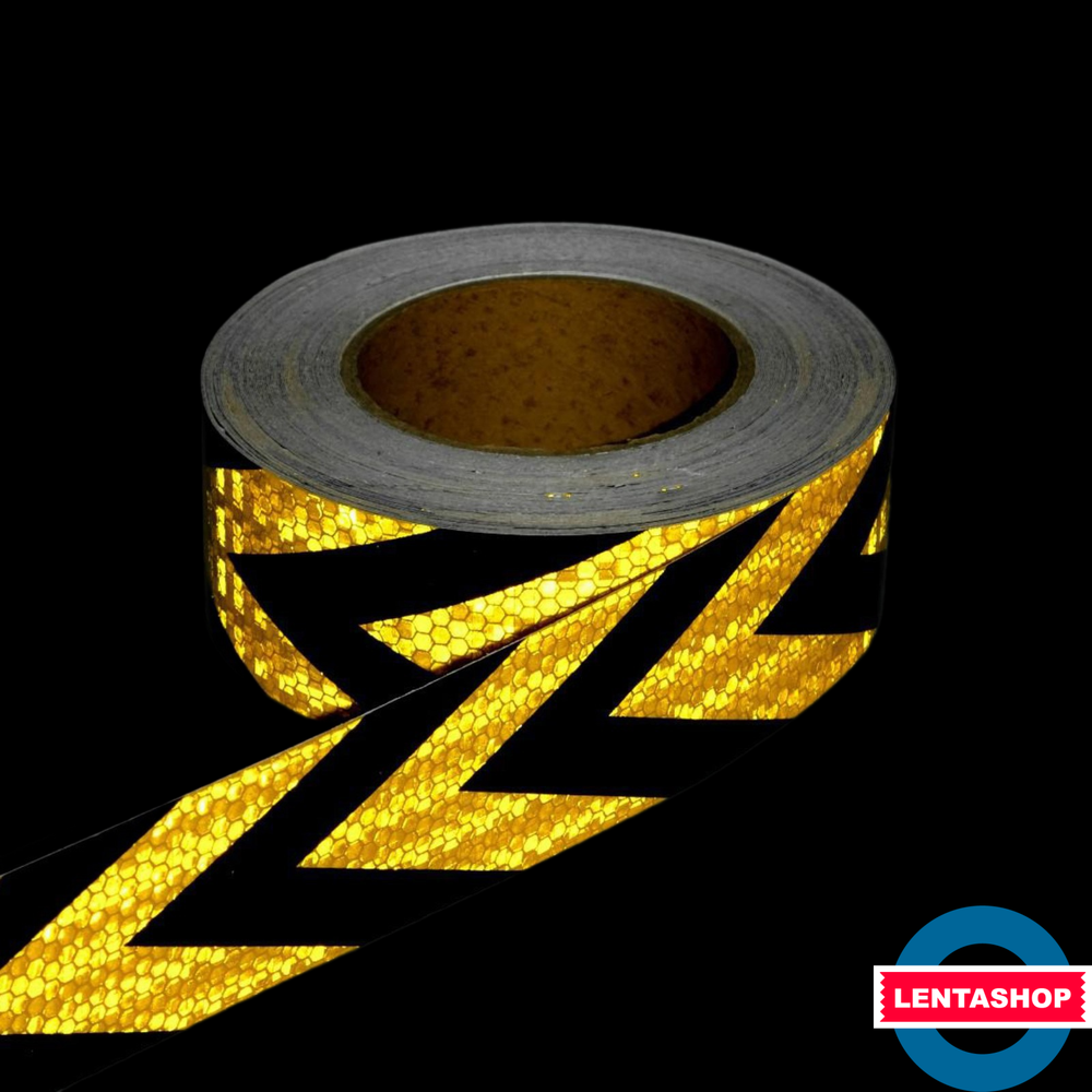 Жёлто-чёрная светоотражающая лента стрелка 5 см х 25 метров