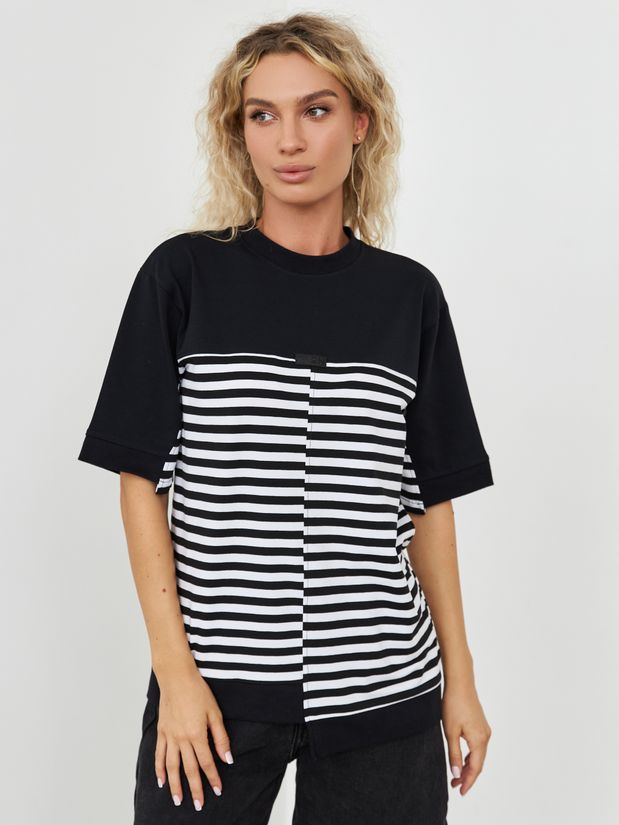 Футболка комбинированная,  а-симметричный низ, черно-белая