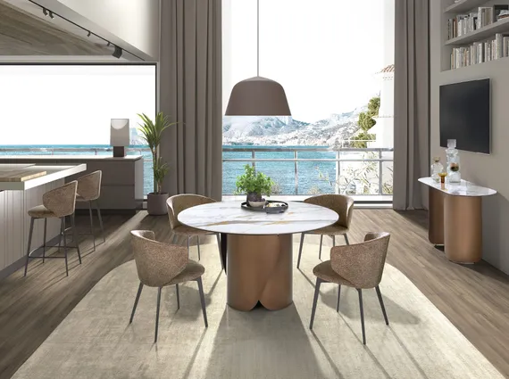 Круглый обеденный стол 1182 с керамической столешницей и стальным основанием бронзового цвета Ø140