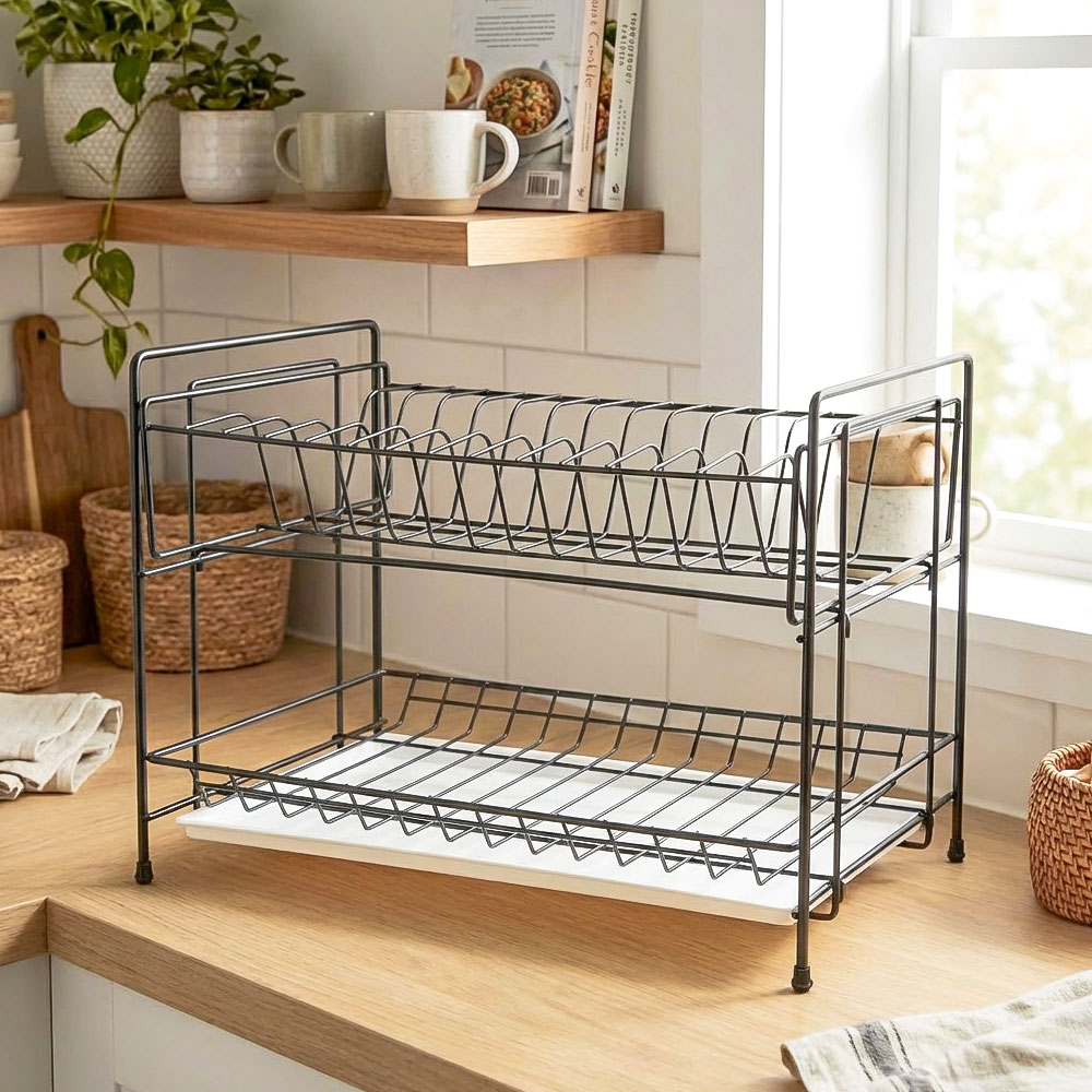 Сушилка для посуды 2-х ярусная разборная с поддоном 390*236*300мм, черная