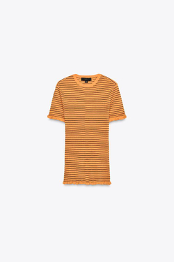 ZARA ТОП ИЗ ТРИКОТАЖА В РУБЧИК В ПОЛОСКУ, ОРАНЖЕВЫЙ