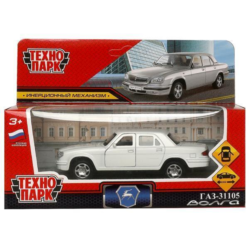 Модель ин. мет. "ГАЗ-31105 Волга" 12см, двери, багаж, белый, коробка 3110-12-WH (Технопарк)