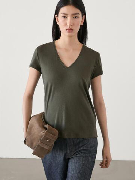Massimo Dutti Хлопковая футболка с V-образным вырезом, хаки