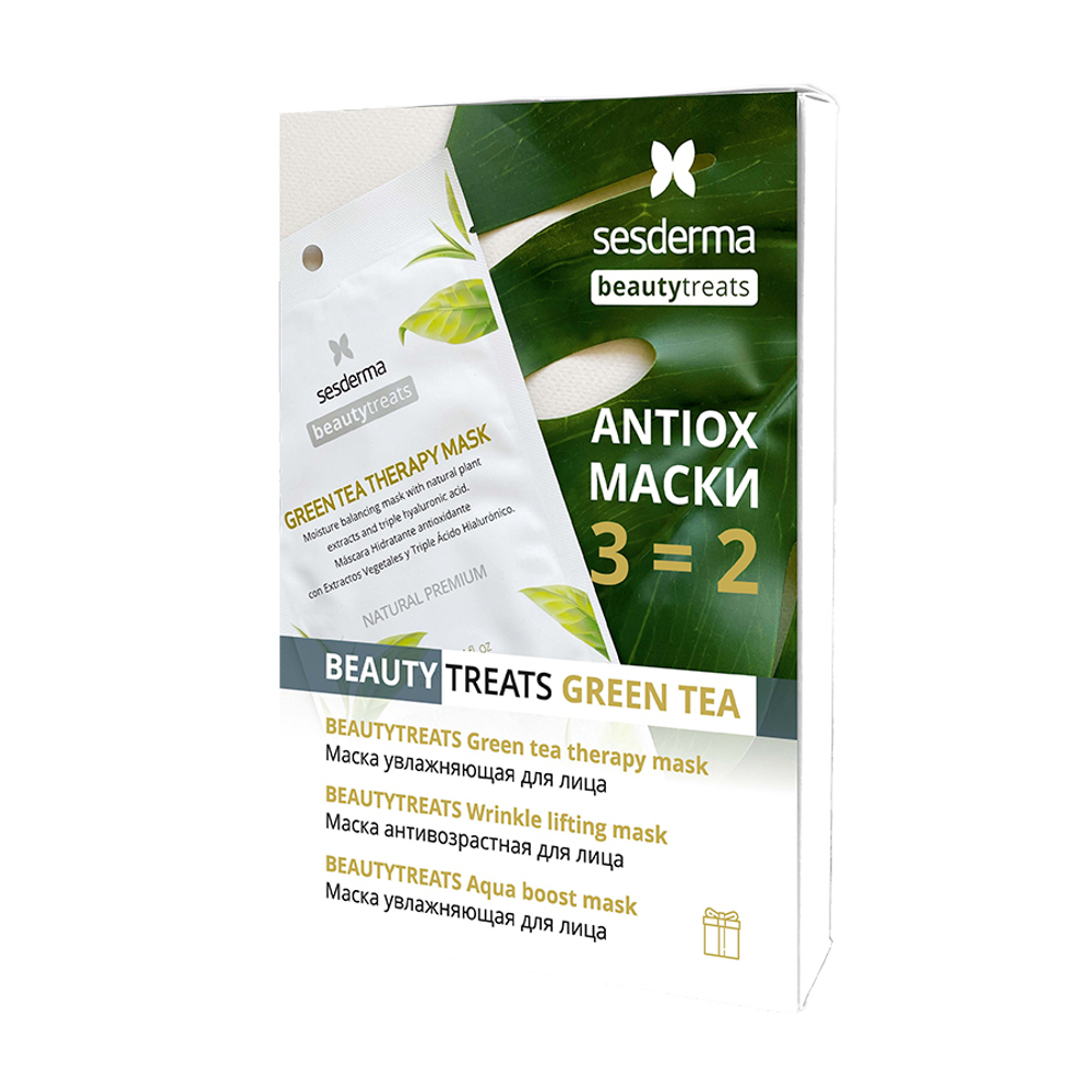Sesderma Набор Тканевых Масок BEAUTY TREATS Green Tea - Aqua Boost Mask, Маска увлажняющая для лица, 1 шт + Green Tea Therapy Mask, Маска увлажняющая для лица, 1 шт + Wrinkle Lifting Mask, Маска антивозрастная для лица, 1 шт