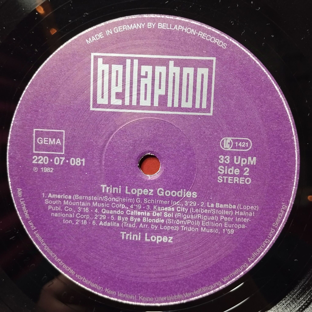 Винтажная виниловая пластинка LP Trini Lopez Goodies (Germany 1982) La Bamba