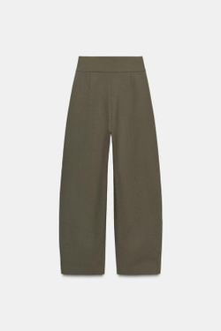 ZARA БРЮКИ-БАЛЛОНЫ СО СКЛАДКАМИ, ТЕМНЫЙ ХАКИ