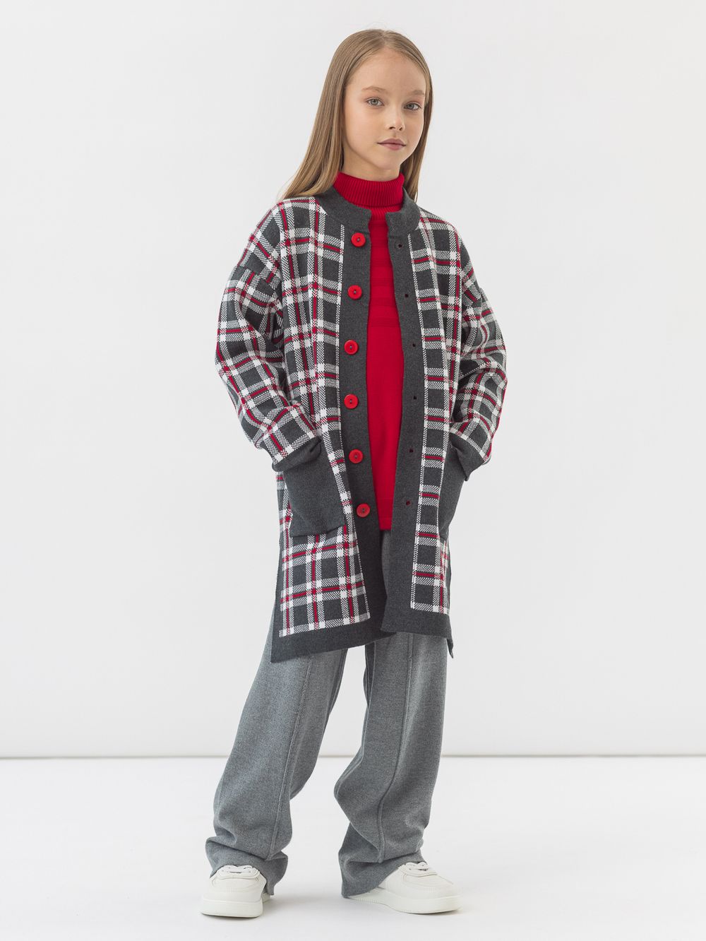 Кардиган серо-бело-красный для девочки арт. АТ922