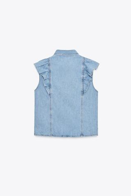 ZARA ДЖИНСОВАЯ РУБАШКА Z1975 С ВОЛАНАМИ, ВЫЦВЕТШИЙ СИНИЙ