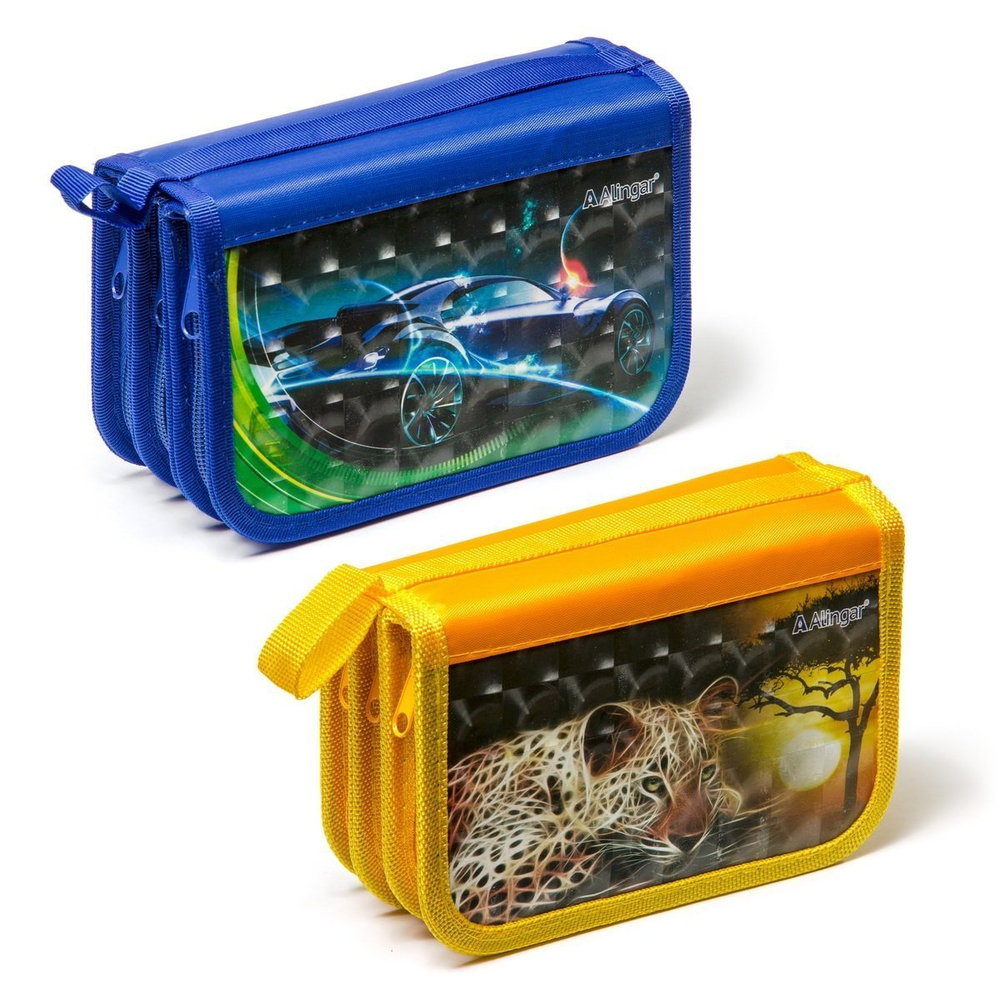 Пенал 3 отделения Alingar, лам. картон, молния, 3D, 120 х 190 мм, ассорти