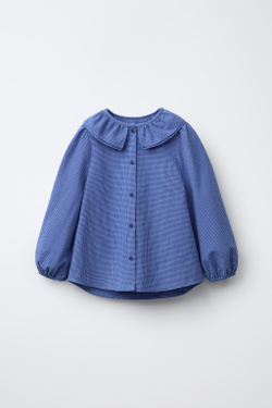 ZARA РУБАШКА В КЛЕТКУ ВИШИ С ДВОЙНЫМ ВОРОТНИКОМ, ВАСИЛЬКОВЫЙ