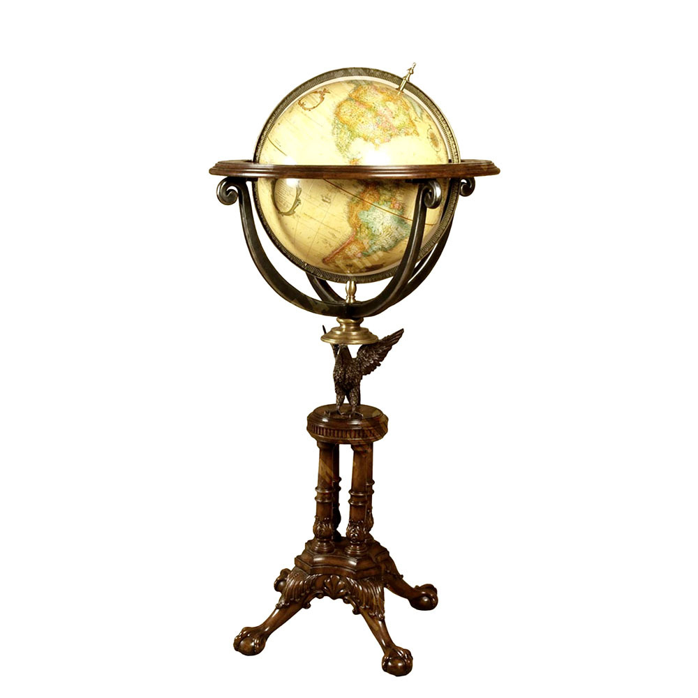 Глобус напольный рельефный, стилизованный под эпоху Регентства. Красное дерева, бронза, латунь. ХХ в