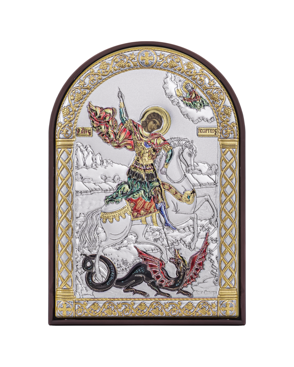 Георгий Победоносец, икона арочная, пластик коричневый, эмаль 48x68