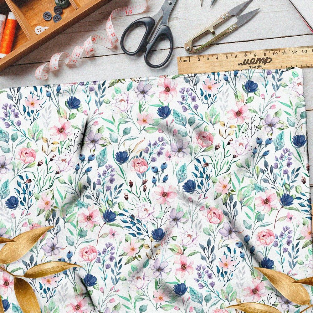 Ткань шифон букеты с листьями и бутонами