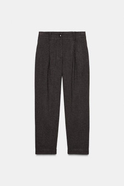 ZARA БРЮКИ С ЗАЩИПАМИ И ЭЛАСТИЧНЫМ ПОЯСОМ СЗАДИ, КОРИЧНЕВЫЙ