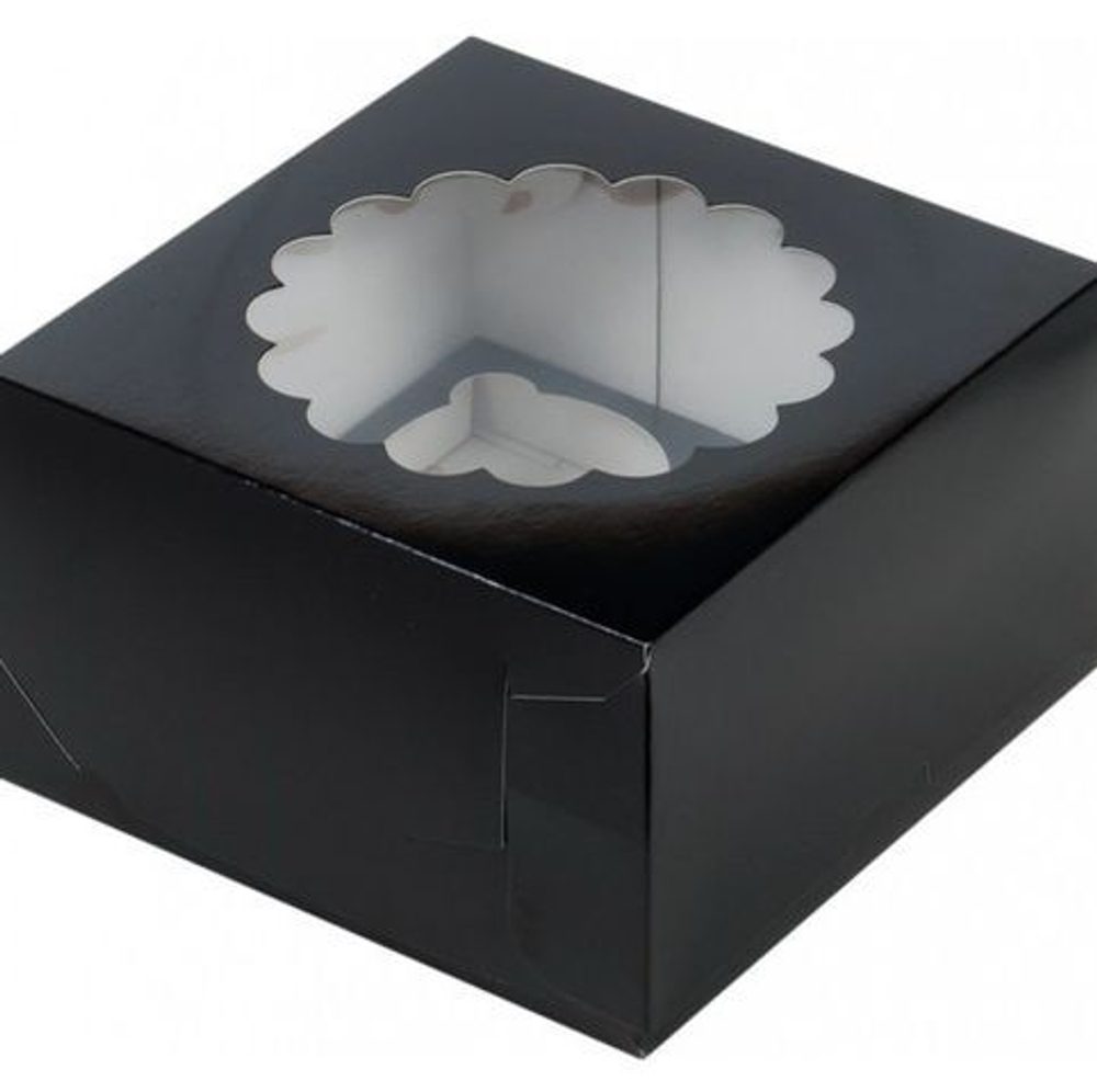 Коробка на 4 капкейка с окном черная 16 х 16 х 10 см