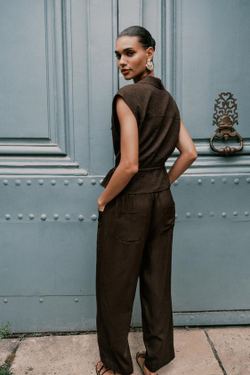 ZARA БРЮКИ ИЗ ЛЬНЯНОЙ ТКАНИ С БУСИНАМИ НА ШНУРКЕ, КОРИЧНЕВЫЙ