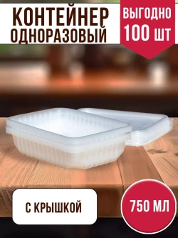 Контейнеры одноразовые пластиковые с крышкой 750 мл, 100 ШТ