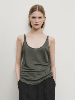 Massimo Dutti Топ из 100% льна на бретелях, темно-зеленый