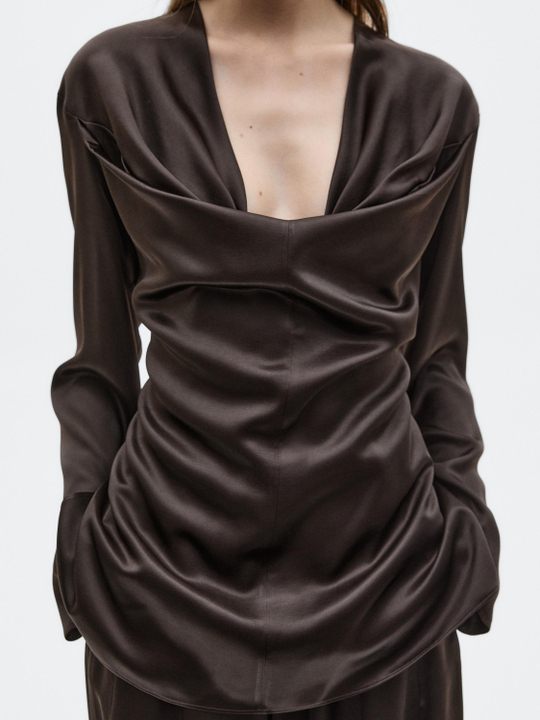 Massimo Dutti Атласная блузка с глубоким вырезом - Limited Edition, шоколадно-коричневый