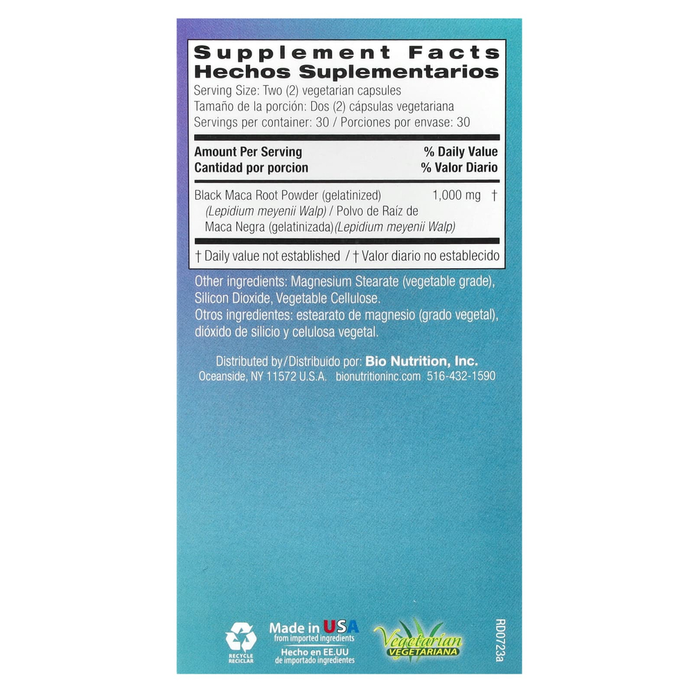 Bio Nutrition, Желатинизированная черная мака, 60 вегетарианских капсул (500 мг на капсулу)