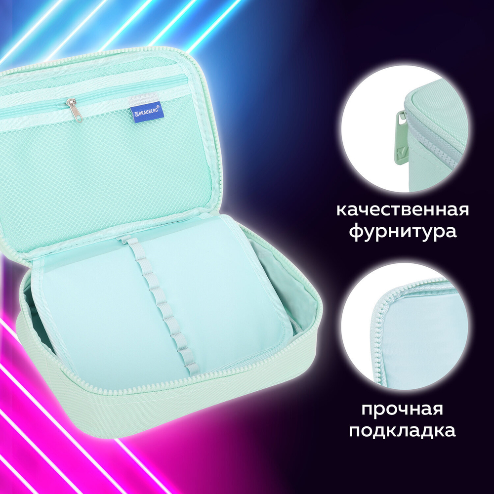 Пенал-косметичка BRAUBERG большой 1 отделение 1 откидная планка ткань 21x15x6 см "Mint"