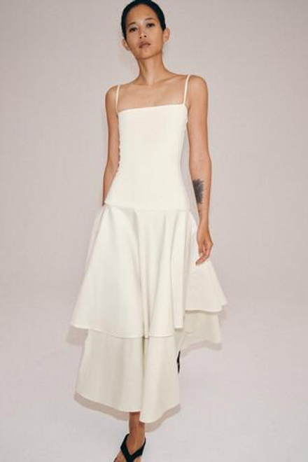 ZARA КОМБИНИРОВАННОЕ ПЛАТЬЕ С ВОЛАНАМИ, ЭКРЮ