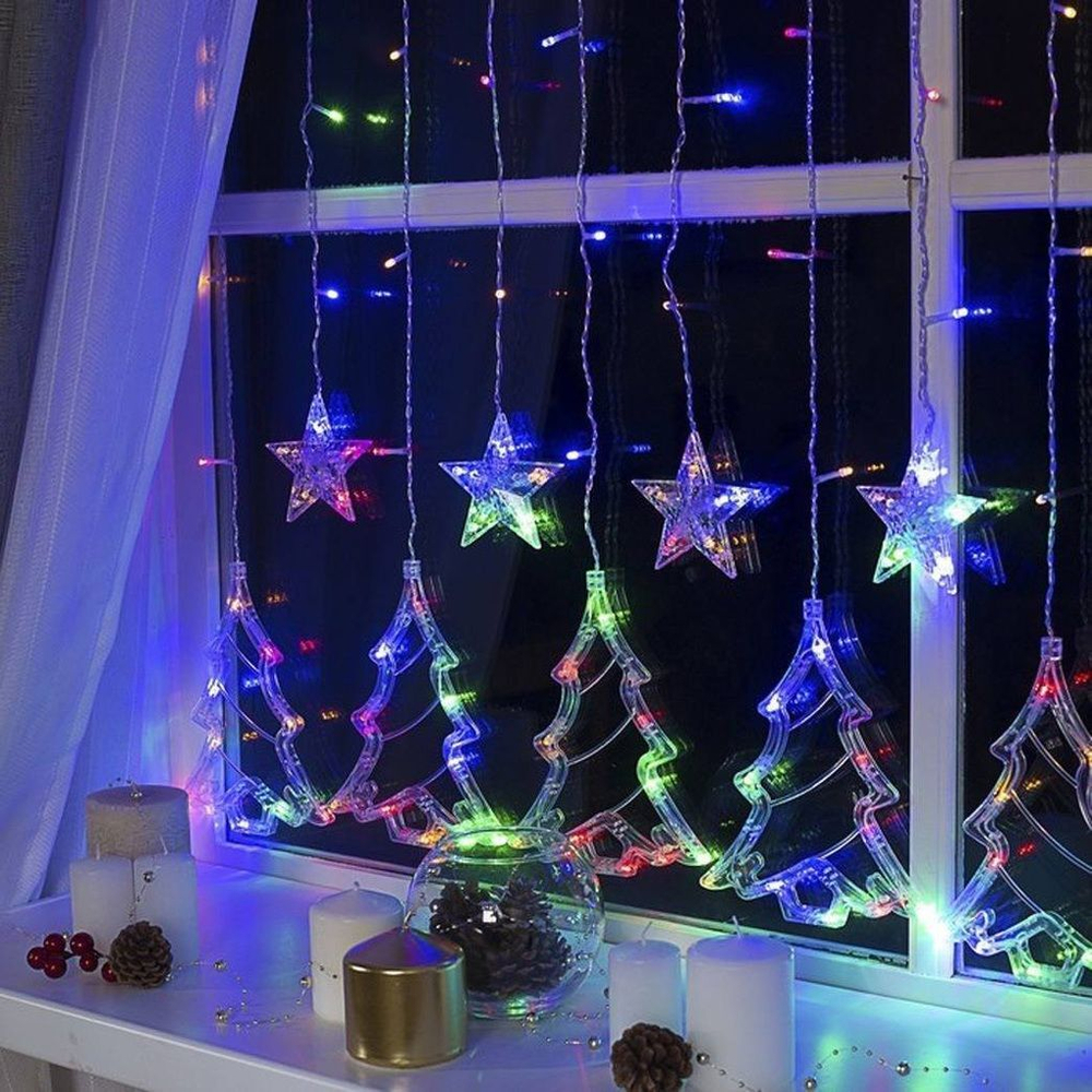 Гирлянда Занавес 2.0 х 1.5 м, "Ёлки и снежинки" свечение мульти