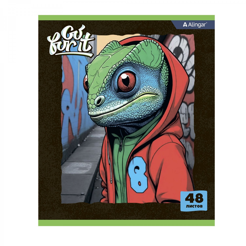 Тетрадь 48л., А5, клетка, Alingar "Go for it", скрепка, мелованный картон (стандарт), блок офсет, 4 дизайна в пленке т/у