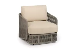 "Альбано" кресло плетеное из роупа, каркас алюминий светло-серый (RAL7035) муар, роуп серый меланж круглый, ткань Mossle светло-бежевая