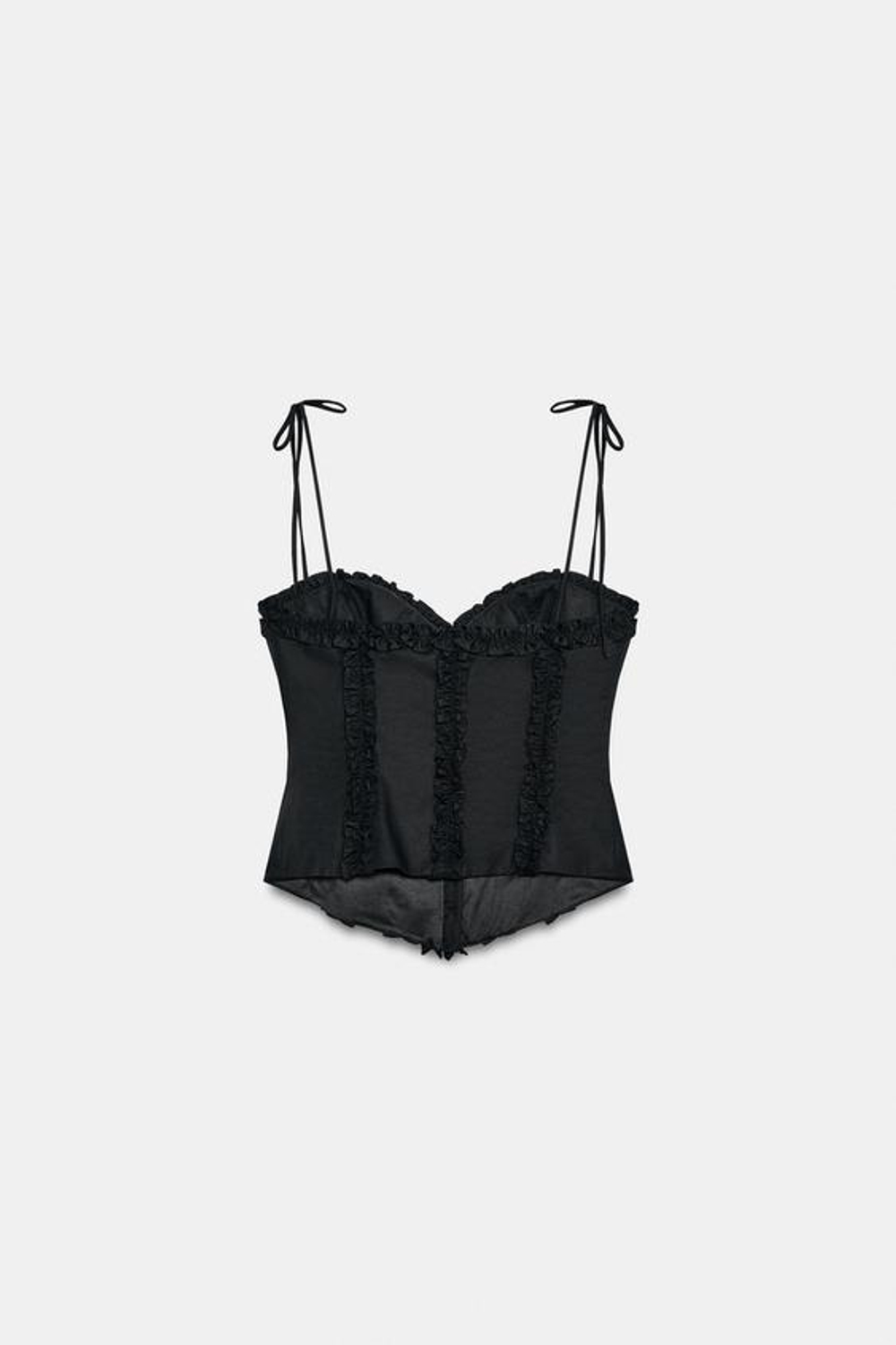 ZARA ТОП ИЗ ПОПЛИНА В ГОРОШЕК С ВОЛАНАМИ, ЧЕРНЫЙ