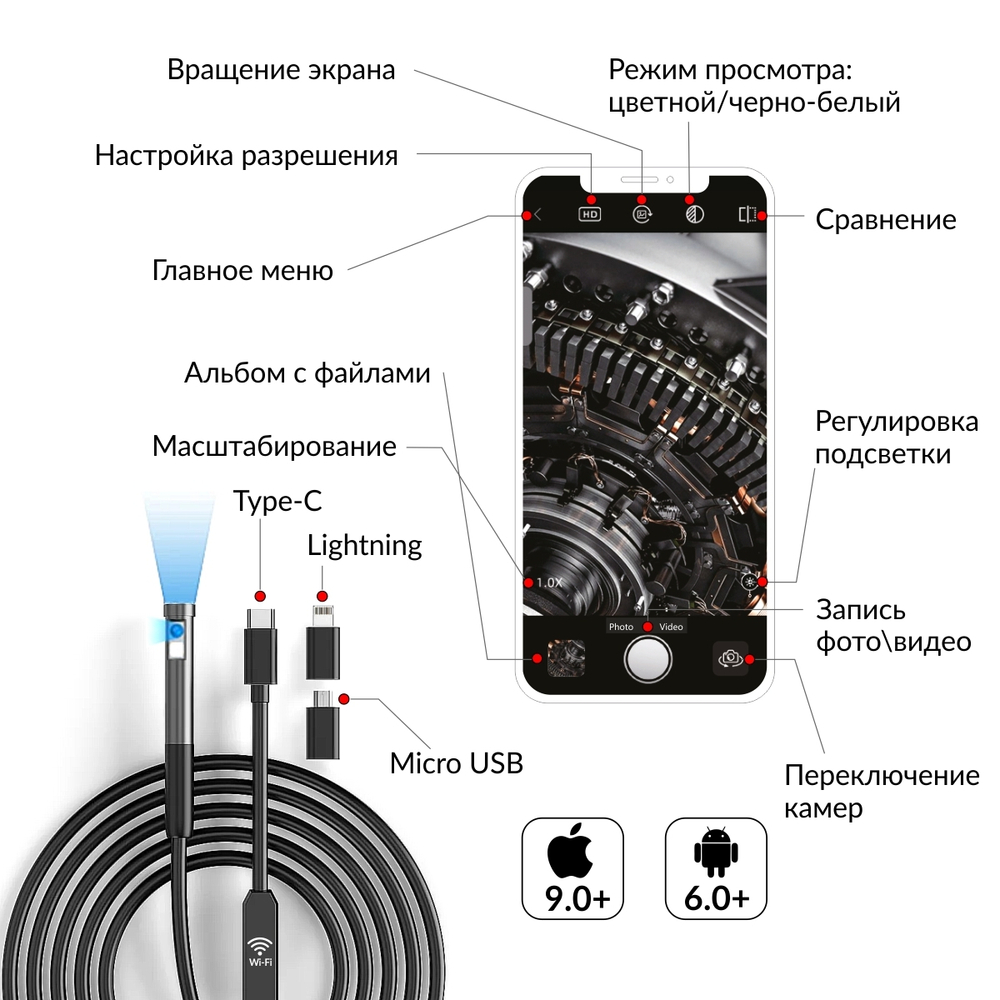 Видеоэндоскоп USB 2 камеры, 2Мп, 1920x1080, 1м, 7.9 мм зонд iCartool IC-V801-2_1