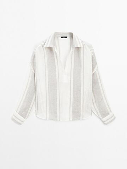 Massimo Dutti Блуза из струящейся смесового льна в полоску, белый
