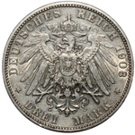 3 марки 1908 год. Вильгельм II. Германия. XF-