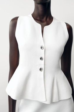 ZARA ТРИКОТАЖНЫЙ ТОП С БАСКОЙ, БЕЛЫЙ