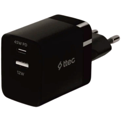 ttec SmartCharger 45W PD Duo Travel Charger  USB-C+USB-A, Black