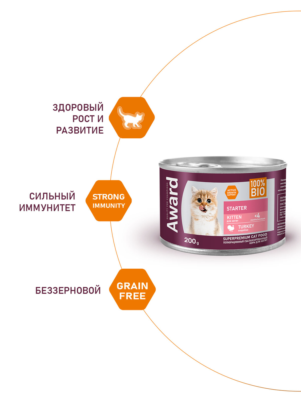 Влажный корм AWARD для котят с начала прикорма до 4 месяцев, беременных и кормящих кошек паштет из индейки 200г