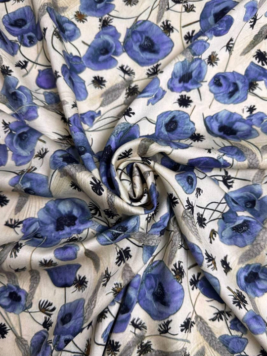 Штапель принт silk маки голубые на бежевом BST3812
