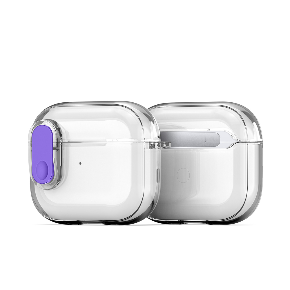 Прозрачный чехол с фиолетовой кнопкой для наушников AirPods 3, серия PECL Series от Dux Ducis, в комплекте с карабином