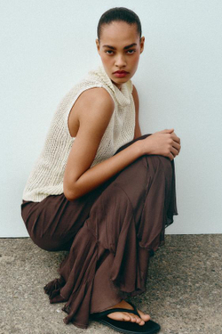 ZARA ЮБКА МИДИ С ВОЛАНАМИ И КРУЖЕВОМ, КОРИЧНЕВЫЙ