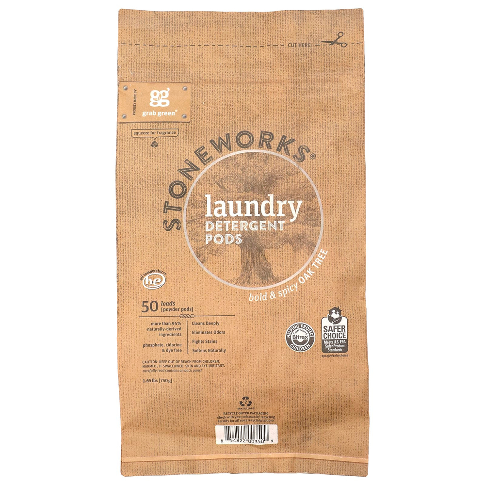Grab Green, Stoneworks®, капсулы для стирки, дуб, 50 загрузок, 750 г (1,65 фунта)