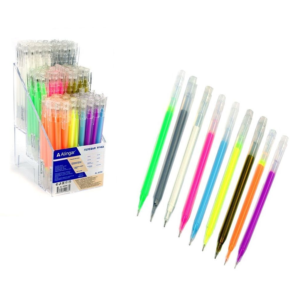 Ручка гелевая Alingar, 0,6 мм, 9 цветов, игольчатый наконечник, круглый, прозрачный, пластиковый корпус, пластиковый стенд 132 шт