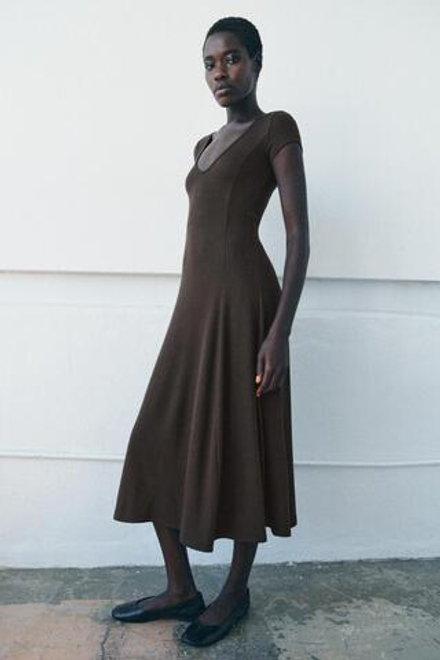 ZARA ДЛИННОЕ ПЛАТЬЕ В РУБЧИК, КОРИЧНЕВЫЙ