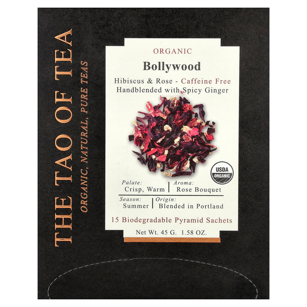 The Tao of Tea, органический Болливуд, гибискус и роза, без кофеина, 15 биоразлагаемых саше-пирамид, 45 г (1,58 унции)